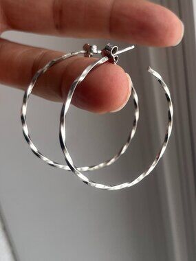 925 Italian Sterling Silver Diamond-Cut 1.75" Medium Twist Hoop Earrings